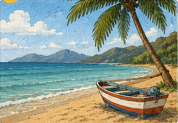 Playa tropical ilustrada con una barca