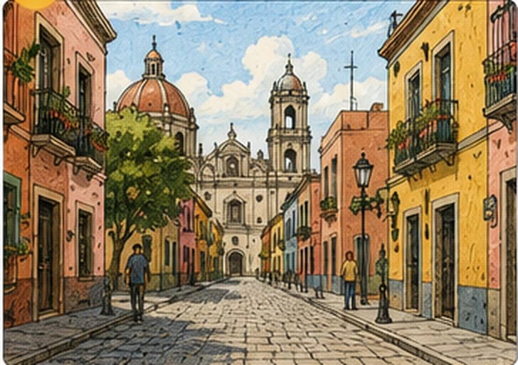 Calle ilustrada de una ciudad mexicana