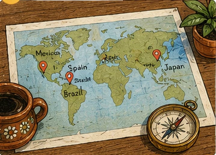 Mapa editorial del mundo con varios países y marcadores de ubicación.