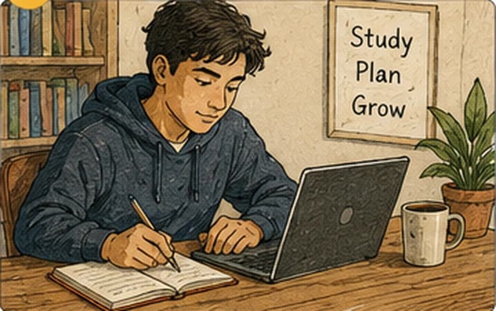 Estudiante escribe junto a una computadora en su escritorio.