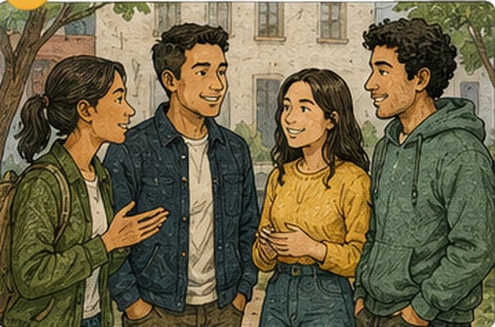 Cuatro personas conversan en grupo al aire libre.